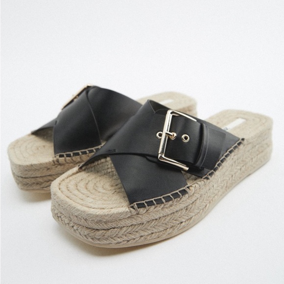 Zara Size 39 UK / 8.5/9 US Black Jute Wedge Sandals - Picture 1 of 7